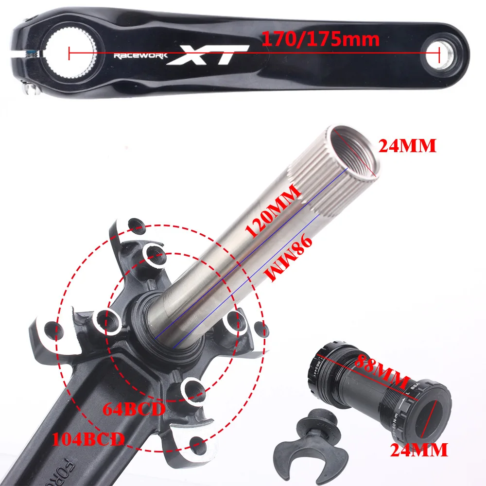 RACEWORK XT Bike Crankset 170mm175mm Aluminum Hollow Integrated Crank BCD104 Chainring 32T 34T 36T 38T Mountain Bike Crankset