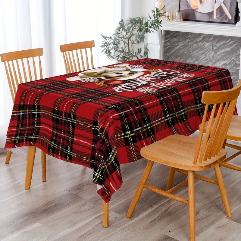 Merry Christmas Tablecloth Red and Black Plaid Puppy Pattern Tablecloth Festive Atmosphere Decorative Tablecloth New Year Gift