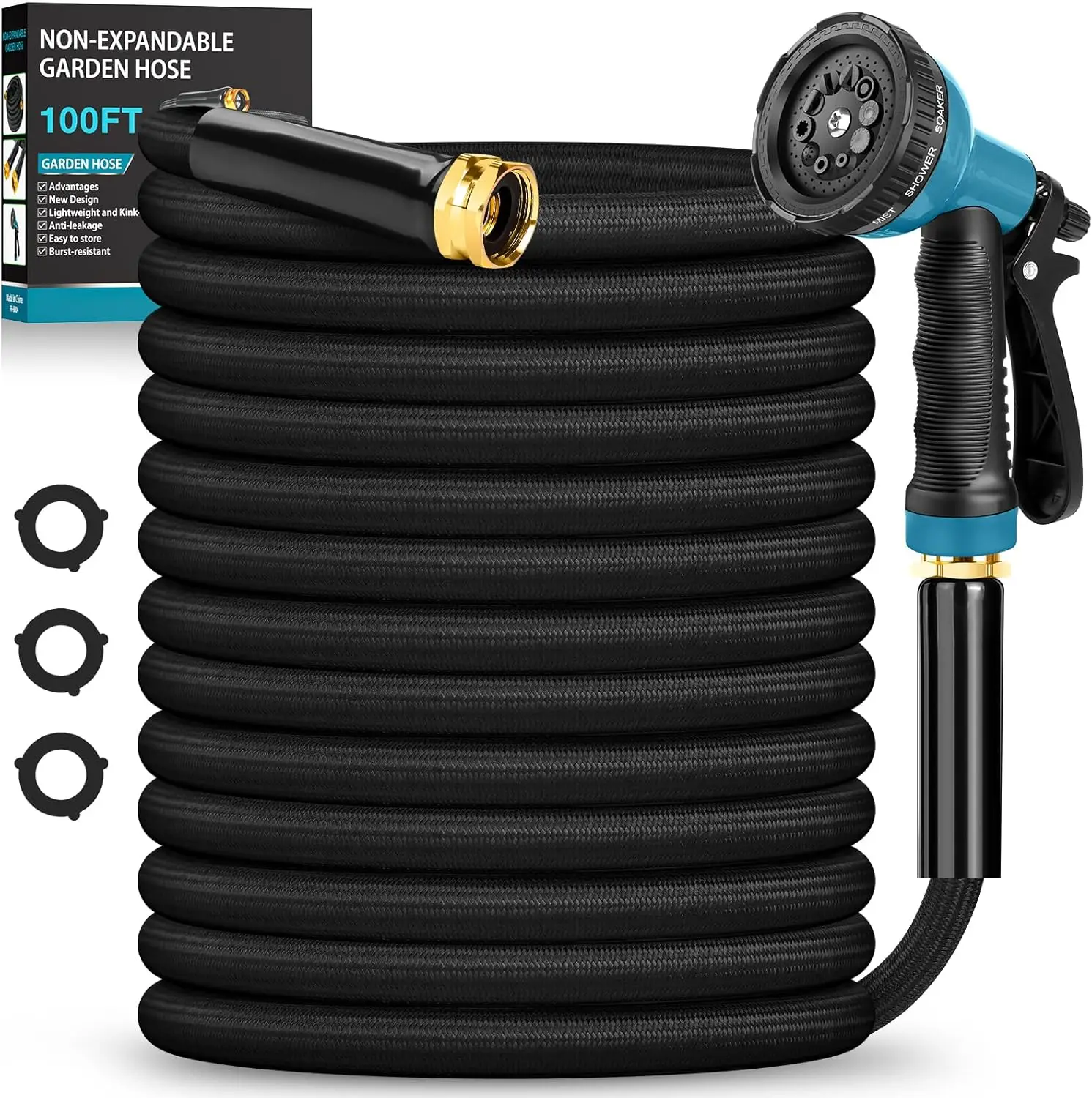 

100FT Lightweight Garden Hose with 10-Function Nozzle, Leak-Proof, Non-Expanding, Easy to Carry for Yard Outdoor