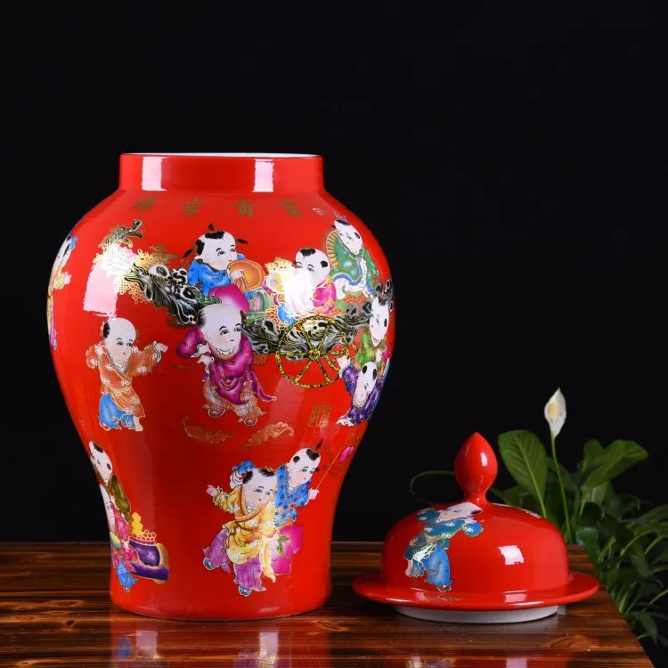 Chinese Red Large General Jar Ceramic Floor Top Vase Rich and Auspicious Interior Decoration Entrance Decoration