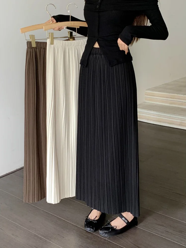 

Women 2024 New Spring Summer Solid Color Pleated Skirt Female Elastic High Waist Loose Skirts Ladies Midi Long A-line Skirt B196