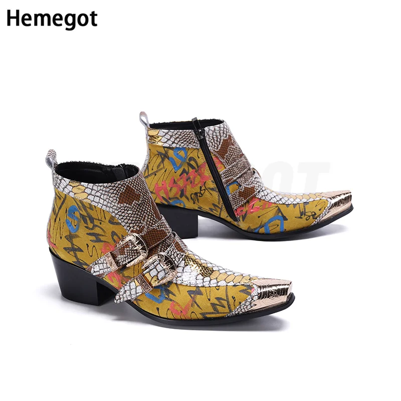 Pointed Toe Golden Snake Pattern Boots Men\'s Boots Trendy High-Heeled Men\'s Banquet Leisurely Leather Boots Euro Size 37-48