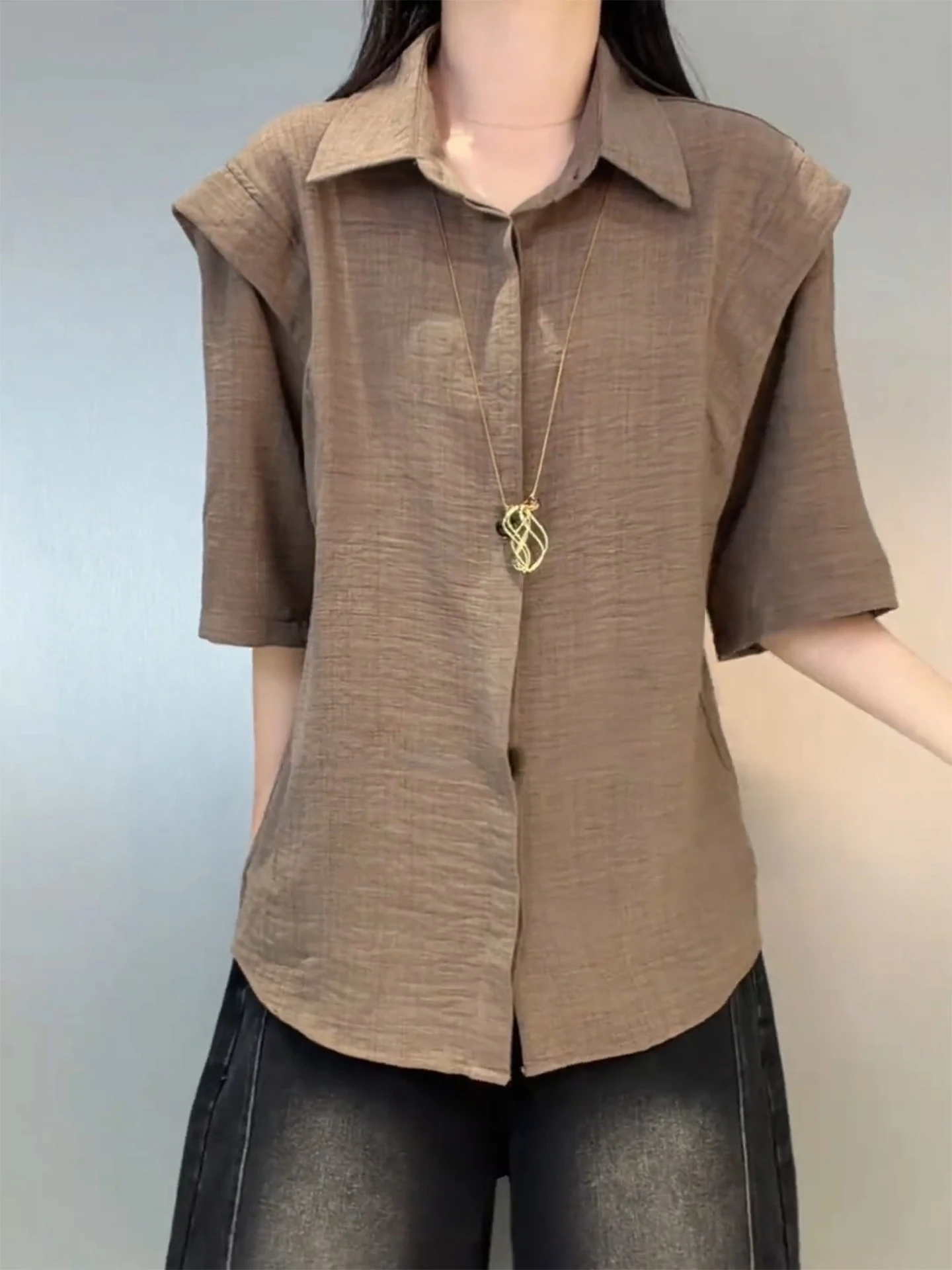 Brown Loose Linen-Like Short Sleeve Shirt Men's Summer Deconstructed Shoulder Dark Button Loose Sun Protection Outerwear