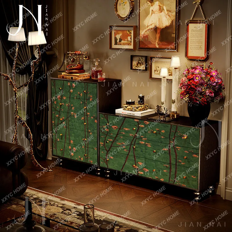 Solid wood locker painted five-bucket six-bucket cabinet green flower picture, living room sofa next to the bedside cabinet