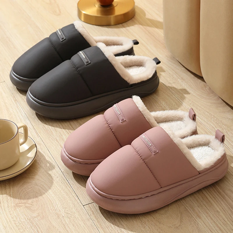 Zapatillas peludas de felpa para mujer, pantuflas cálidas informales con suela de Eva, toboganes de algodón para interiores, talla grande, novedad de invierno, 2024