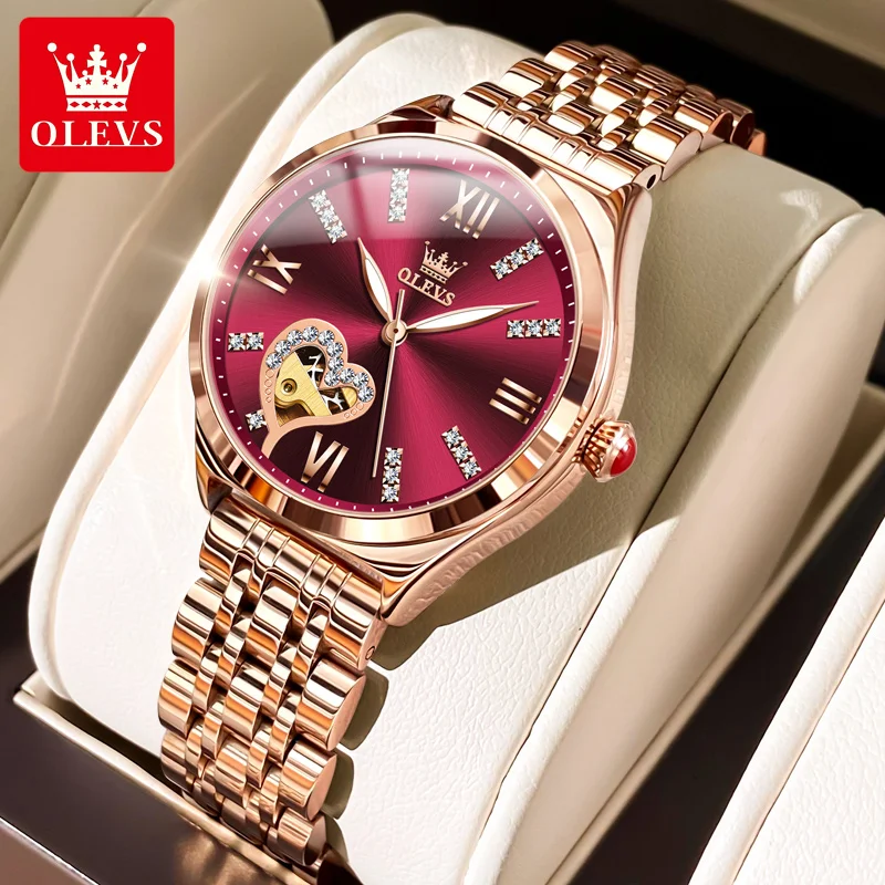 OLEVS-Reloj de pulsera automático para mujer, esfera de amor de diamante, correa de cuero de acero inoxidable, marca superior de lujo, conjunto de regalo, nuevo