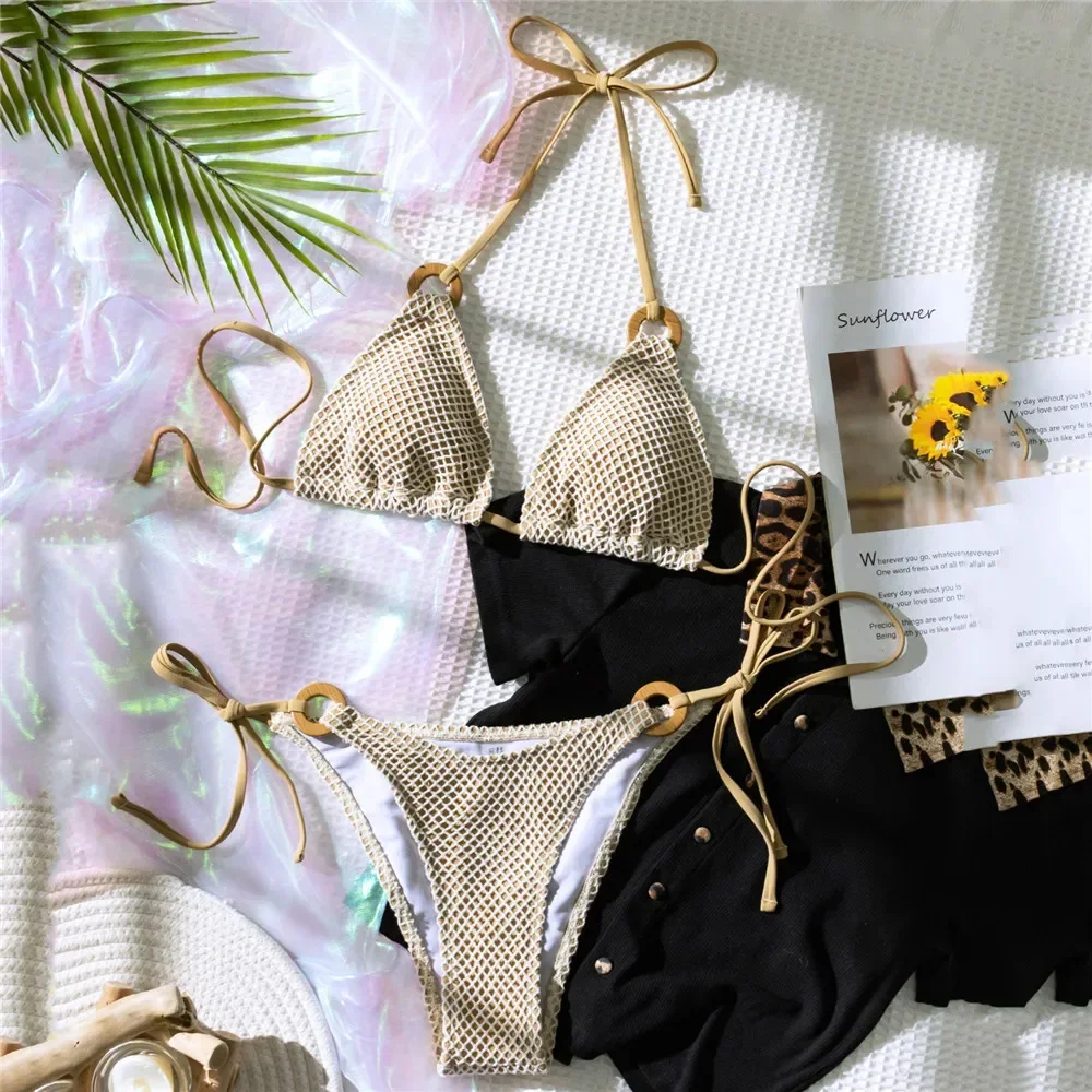 Sexy Crochet Hook Micro Thong Bikini String Halter Swimsuit Women Swimwear Bathing Suit Biquinis Triangle Bikinis Set 2024 Mujer