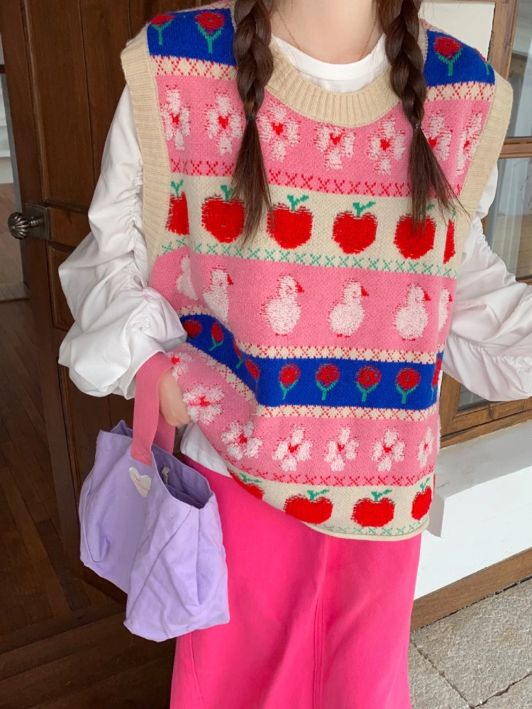 2024 Cartoon Knitted Vest Sweater Women Preppy Style Kawaii O-Neck Contrasting Colors Sleeveless Sweaters New Y2K Cute Pullovers