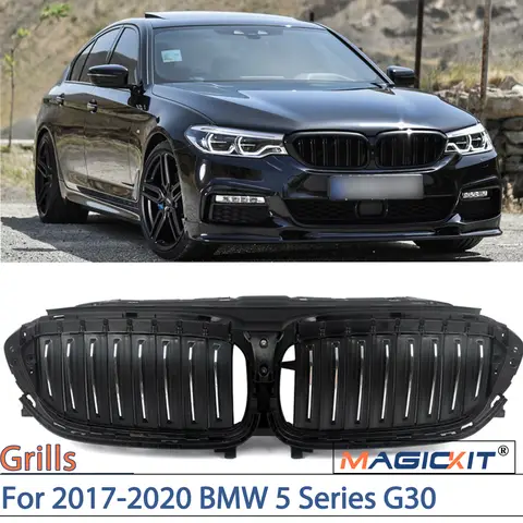 MAGICKIT BMW 5 시리즈 G30 G31 2017-2020 전면 라디에이터 그릴, 액티브 에어 셔터, BLK + 크롬, ABS 자동차 액세서리