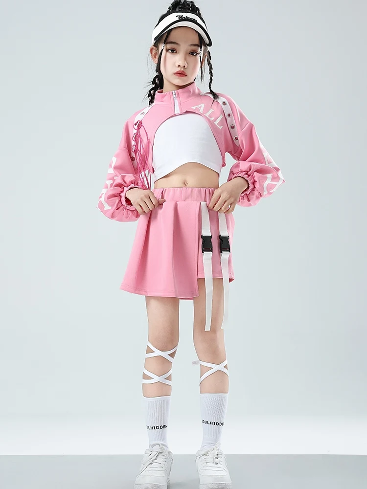 2024 Pink Jazz Dance Costume Girls Kpop Group Hip Hop Performance Clothes Crop Tops Skirt Shorts Kids Concert Stage Wear BL12566