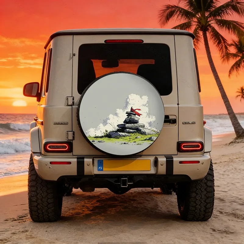 Cairn Rock Stack Red Scarf Graphic Polyester Fiber Spare Tire Cover for SUV