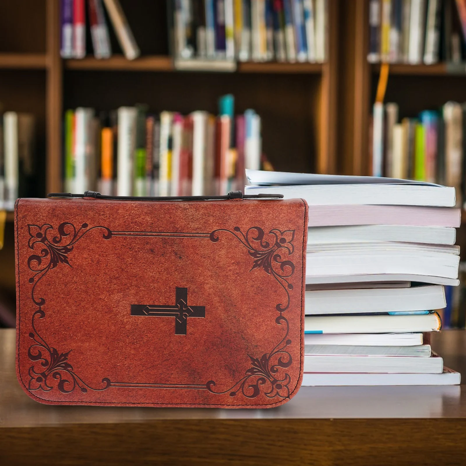 Vintage Cross Bible Case Carrying Handle Zipper Protective Book Cover Sleeve for Bible Study Church Accessories
