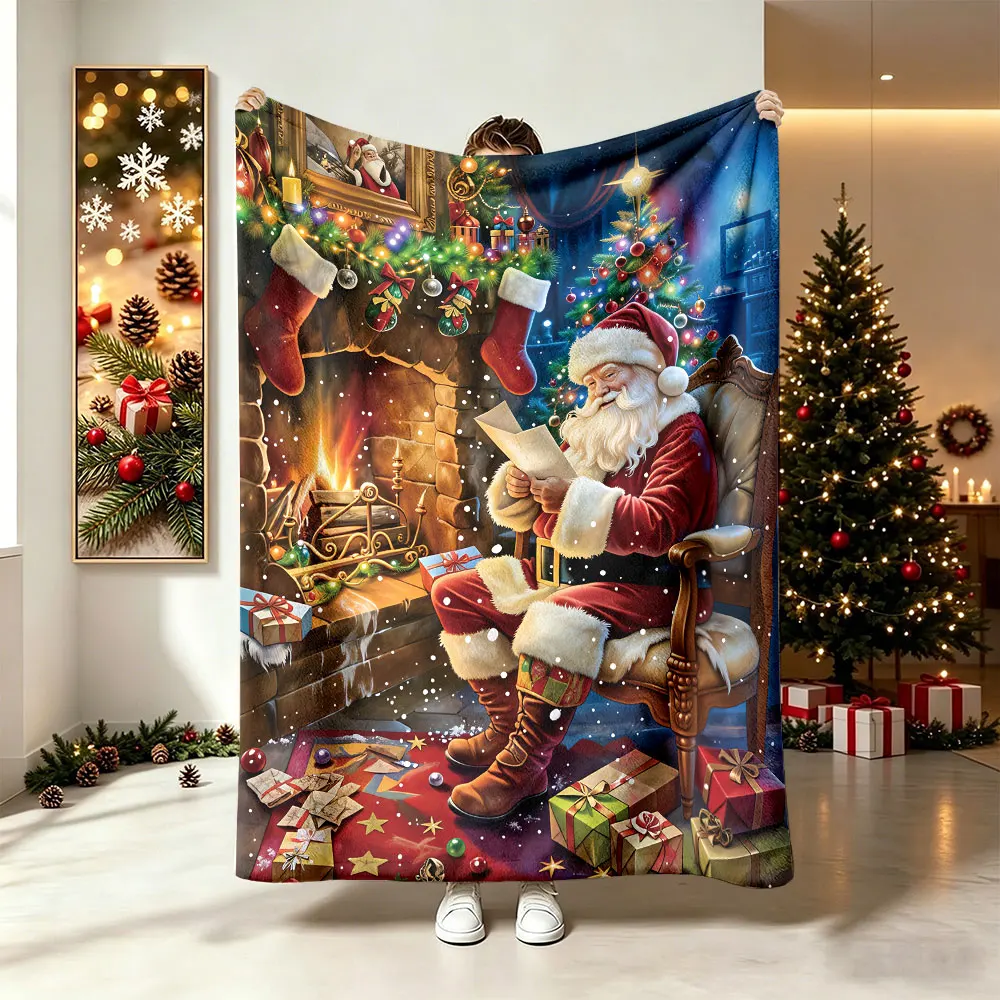 230g Flannel Fleece Blanket Christmas Santa Claus Night Scene Pattern Soft Warm Cozy Winter Blanket for Gift