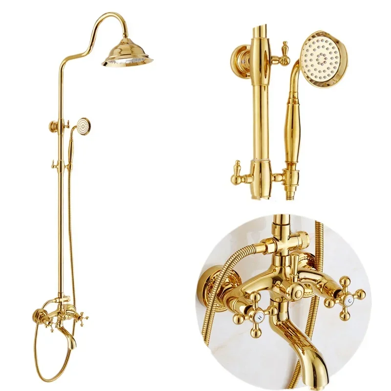

French retro full refined copper gold shower set, bathroom, , shower nozzle, surface mounted antique home bathroom