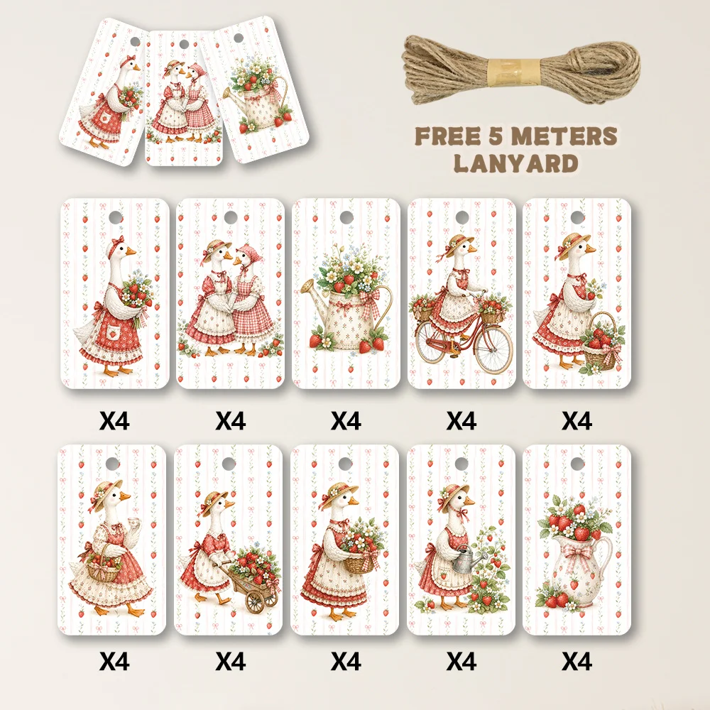 40 étiquettes cadeaux, motifs floraux aquarellés, canard, étiquettes en papier à suspendre pour emballage cadeau, décoration de fête de fin d'année avec ficelle