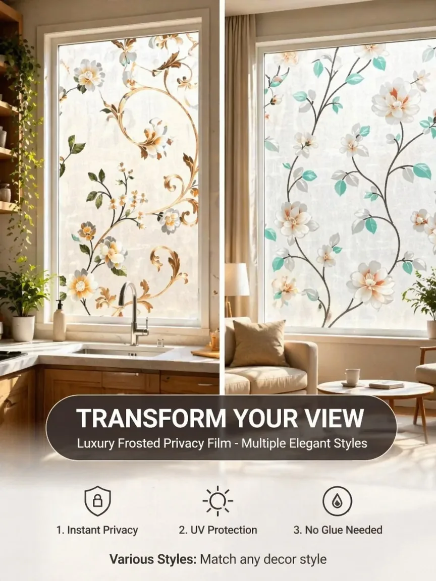 Embroidery Pattern Frosted Privacy Window Film Translucent Light Block Static Cling Removable for Bathroom Glass view 3