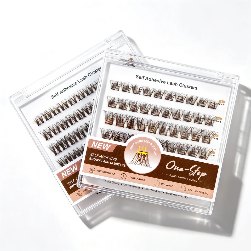 Rizos de pestañas autoadhesivos color marrón, sin necesidad de pegamento, 60 piezas, extensiones de pestañas autoadhesivas con curva C natural, 2