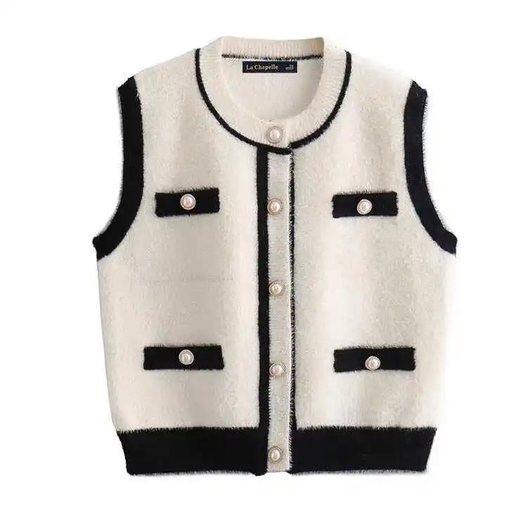 

Sweet Sle ort Knitted Cardigan Women's Vest Loose Fit round Ne Fauna Imitation Mink Jaet Trendy oulder Pad Design