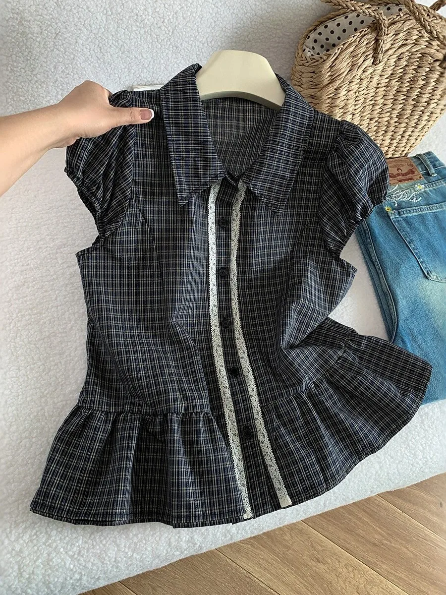 

Retro Korean Black Plaid Neck Short Sleeve Shirt Women Summer 2026 New Style Lace Bubble Sleeve Blouse Commute Wind