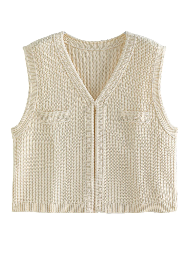 DUSHU French Country Style V-neck Cable Knitting Vest for Women Early Autumn New Simple Temperament Loose Vest for Female