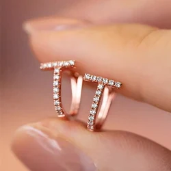 Huitan Chic Dainty Rose Gold Color Earrings for Women Fashion T Shaped Cubic Zirconia Hoop Earrings Simple Versatile Jewelry