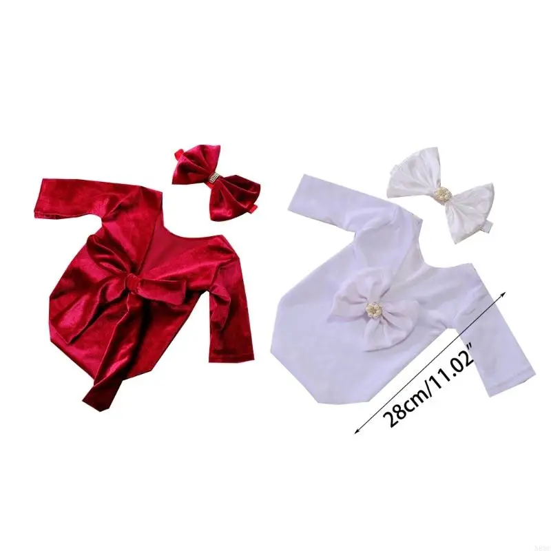 N80C 0-2Month Baby Girl Photo Props Backless Jumpsuit Bowknot Headband Photo Bodysuit