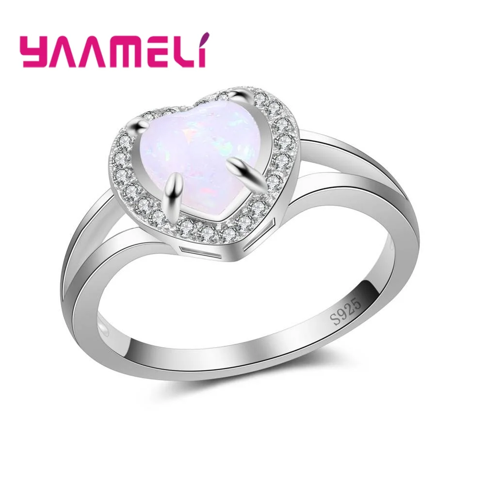 Bagues brillantes en forme de coeur d'amour doux pour femmes, bijoux en cristal, argent regardé 925, opale, document, cadeau de festival pour petite amie