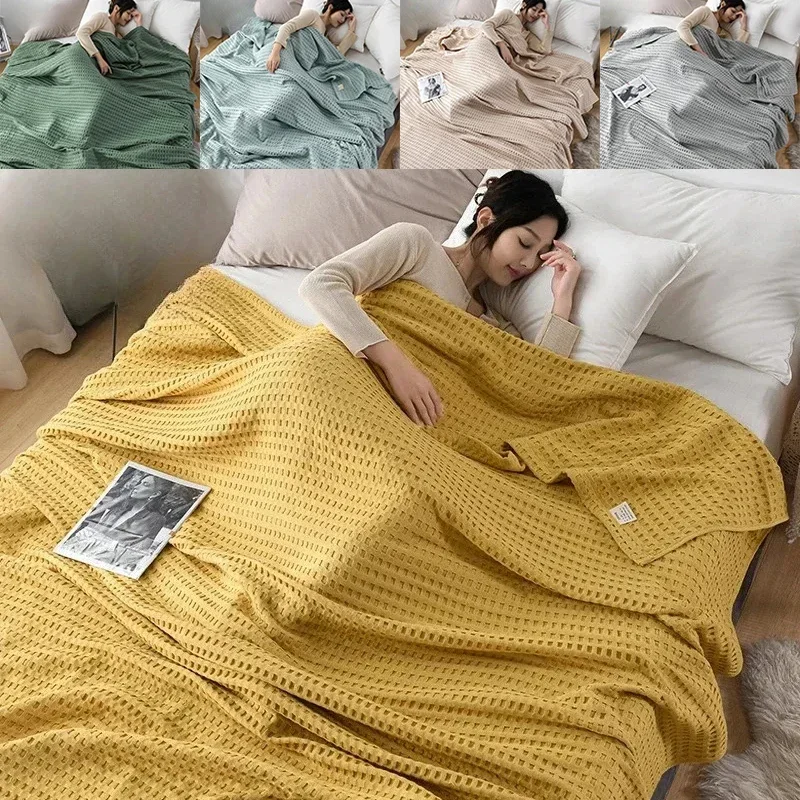 Pure Cotton Waffle Plaid Blanket Luxury Modern Throw Blanket Knitted Thin Quilt Plain Soft Cozy Sofa Cover Bedspreads Home Decor