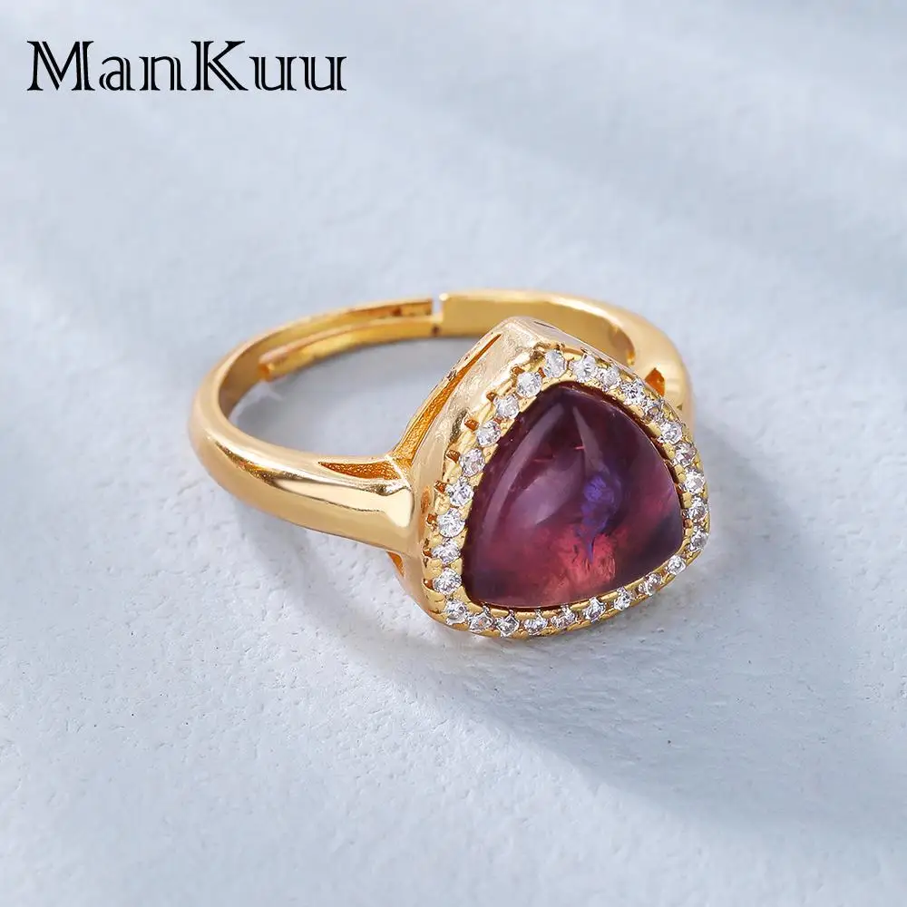 

Mankuu Fashion Gold Plated Zircon Jewelry Natural Healing Crystal Stone Triangle Amethyst Adjustable Rings For Women