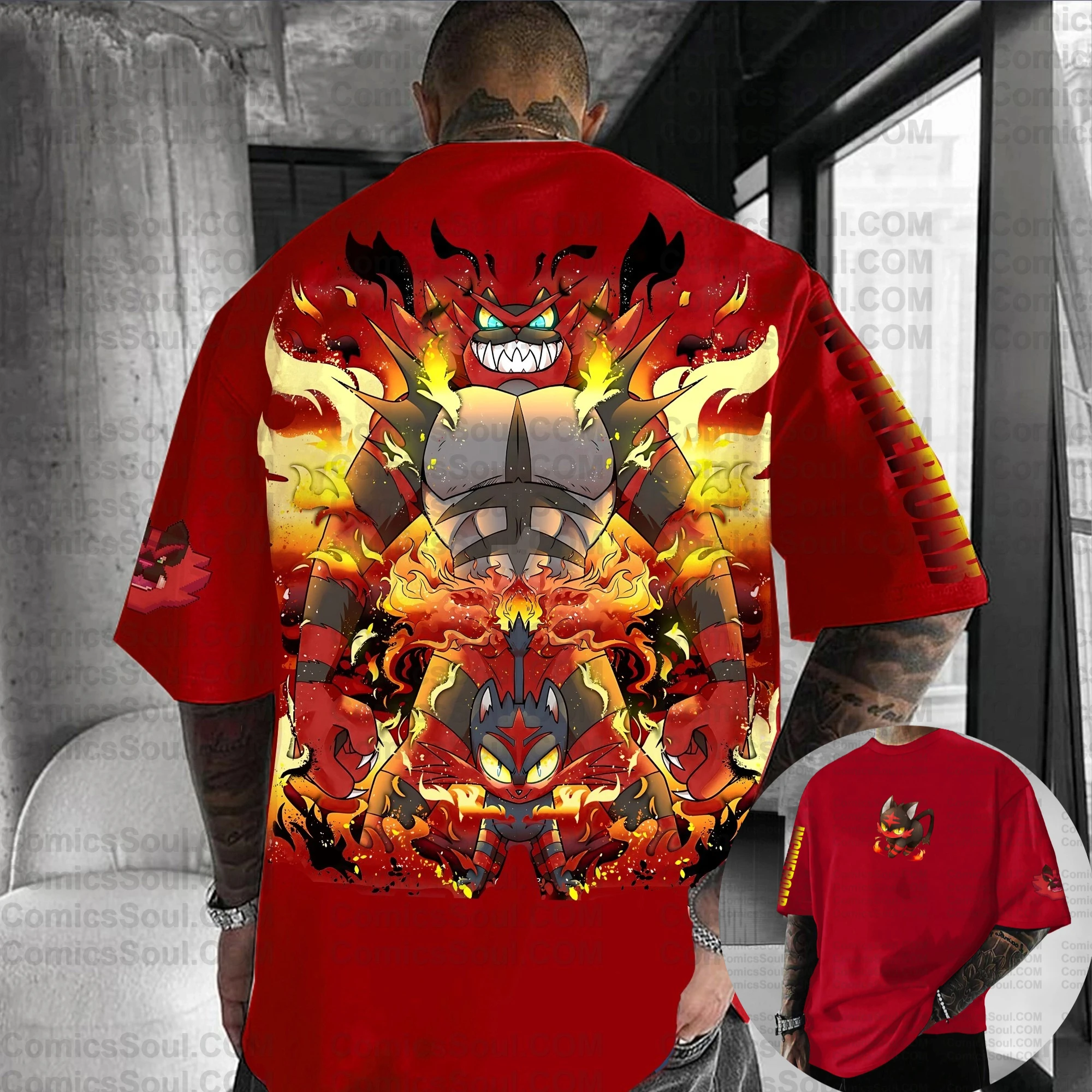 Camiseta de Algodón Pokémon Verano 2026, Personajes de Tipo Fuego, Estampado Trasero, Efectos de Llama Roja y Amarilla, Logotipo en el Pecho, Corte Holgado para Hombre