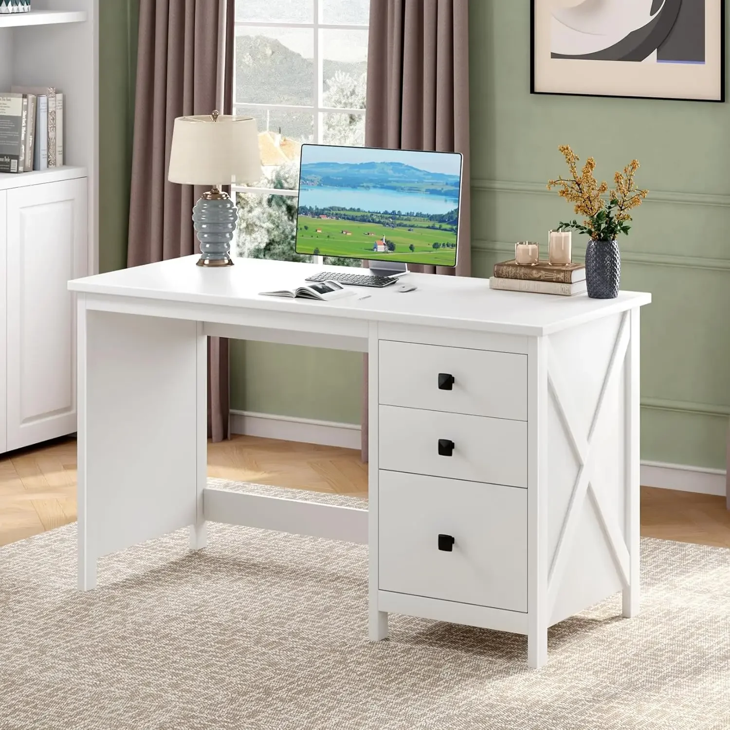 

Белый компьютерный стол для домашнего офиса 47,2 дюйма, в стиле фермерского дома, с 3 выдвижными ящиками для файлов, письменный стол для учебы, туалетный столик для спальни с местом для хранения