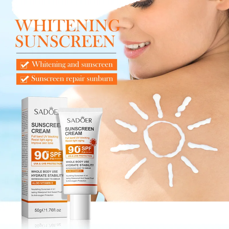 SADOER-Crema de protección solar para el cuerpo, crema hidratante nutritiva con vitamina E de Aloe, 90 + fps, resistente al agua, de larga duración, bloqueador solar, quemagrasas solares