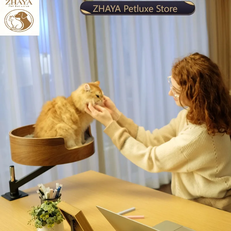 ZHAYA Floating Desktop Cat Bed Adjustable Lifting Rotating Pet Nest Wall Mounted Companion Station Space Saving Hammock