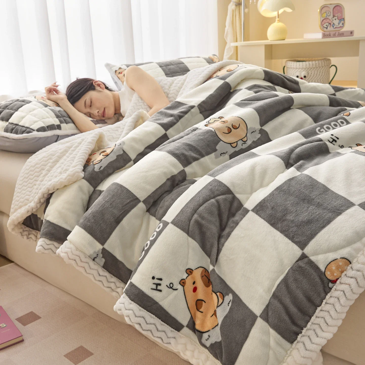 Three Layer Thickened Milk Velvet Winter Blanket for Bed Cartoon Capybara Pattern Weighted Blanket Adult Children Warm Comforter
