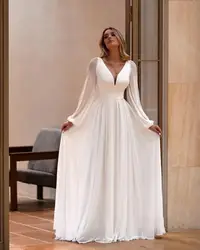 Customized Wedding Dresses for Bride Long Sleeves V Neck Simple Bridal Gown with Pearls A Line Robe De Mariee