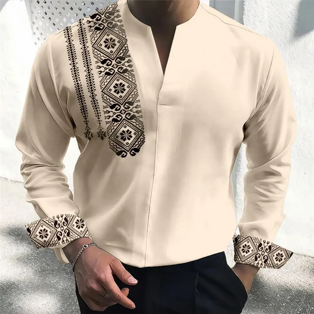 

Men V-neck Shirt Men's Retro Style Printed V Neck Shirt for Formal Business Wear Slim Fit Long Sleeves Color Matching Pullover