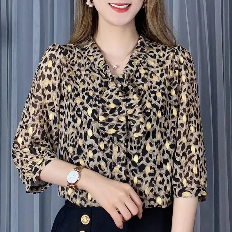 Spring Summer Women Fashion Print Bow Beaded Button Blouse Elegant Chic 3/4 Sleeve Chiffon Shirts Casual Loose Tops Blusas Mujer