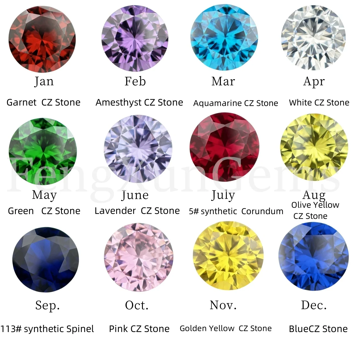 

1PCS Per Colors Total 12pcs 12Color Birthday Stone Round Loose Cubic Zirconia Gemstone Synthetic Corundum5# Spinel113#