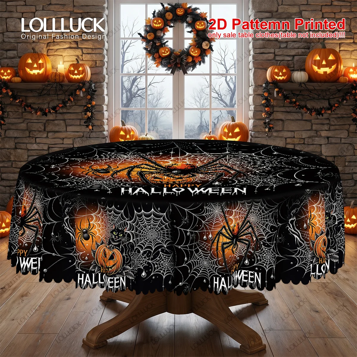 Halloween-themed party table towel, 1 piece, cat print, web page, pumpkin head on black background
