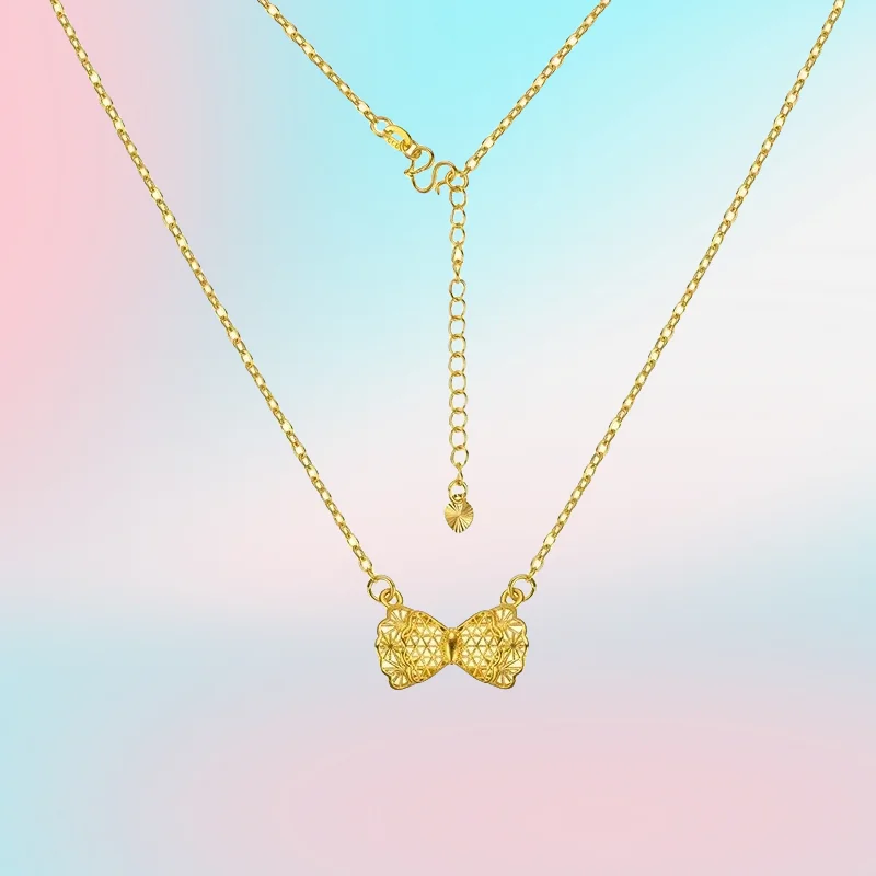 

new 9999 Real Gold 24K Fashion Bow Necklace Female Gentle Cute Bow Set Chain