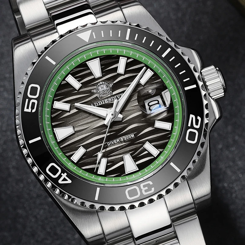 

ADDIESDIVE 200M Dive Watch for Men Japan Quartz 2115 Ceramic Bezel BGW9 Luminous Markers Anti-Glare Glass Stainless Steel Strap