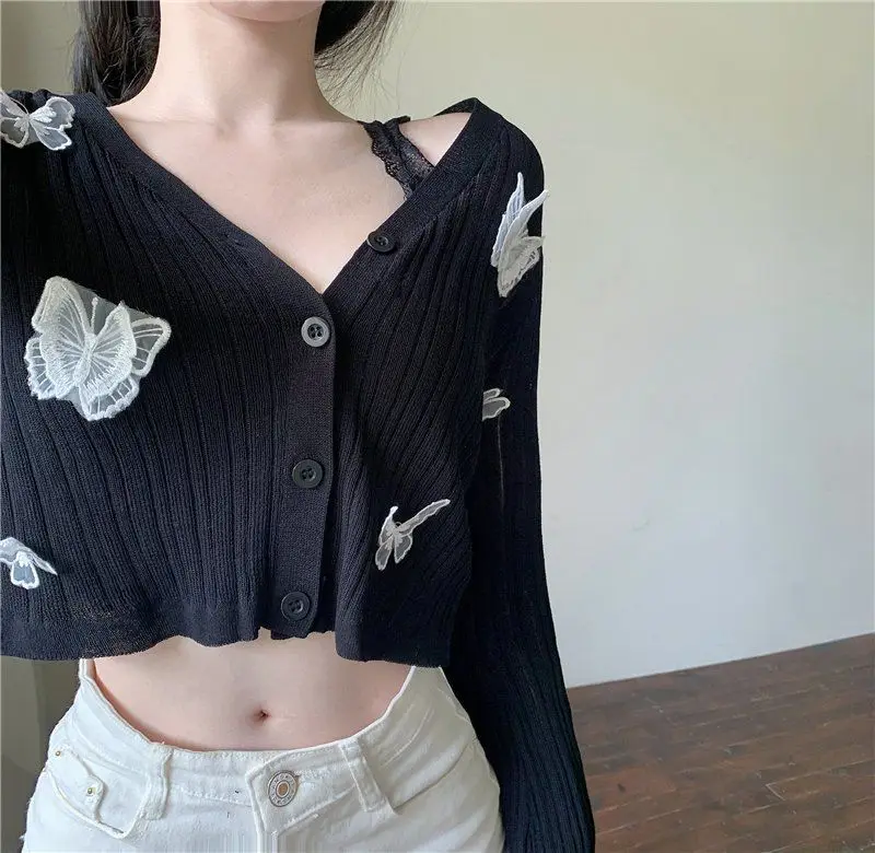 Autumn 2022 Cute Butterfly Knitted Cardigan Women Korean Sexy V