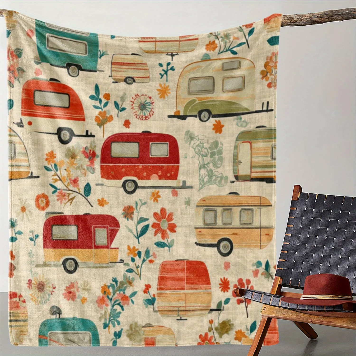 

Retro Camper Floral Blanket: Soft Micro Fleece for Bed, Couch or Gift - Cozy Outdoor Design, Perfect for Home Decor & Relaxation