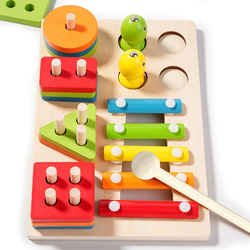 Montessori Toddler Color Sorting Toys 3-in-1 Wooden Shape Stacking Game Early Educational Colorful Learning Activity Blocks