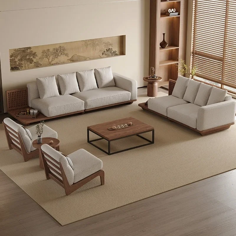 Solid wood sofa combination Zen straight row three-person small apartment living room villa furniture