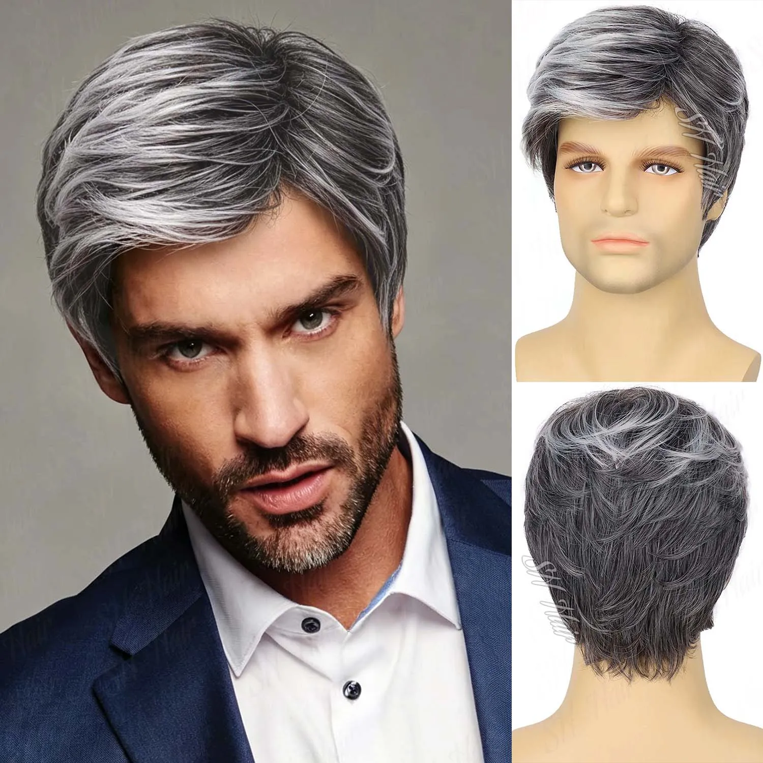 

Synthetic Mens Wig Short Layered Natural Wavy Heat Resistant Male Guy Funny Wigs for Daily Party Costume Cosplay Halloween