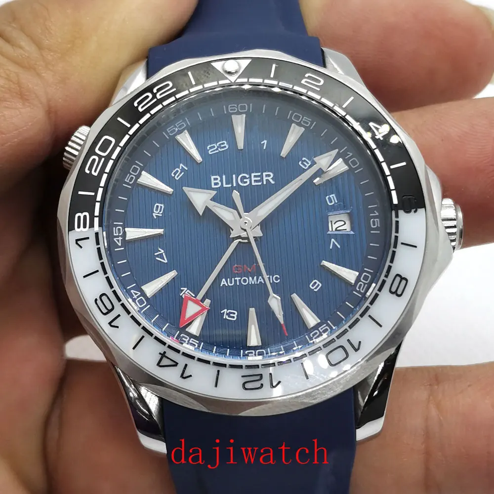 

Luxury Bliger 41mm Automatic Mechanical Watch Sapphire Glass Blue Dial Automatic GMT Date Ceramic Bezel Luminous Men's Watch