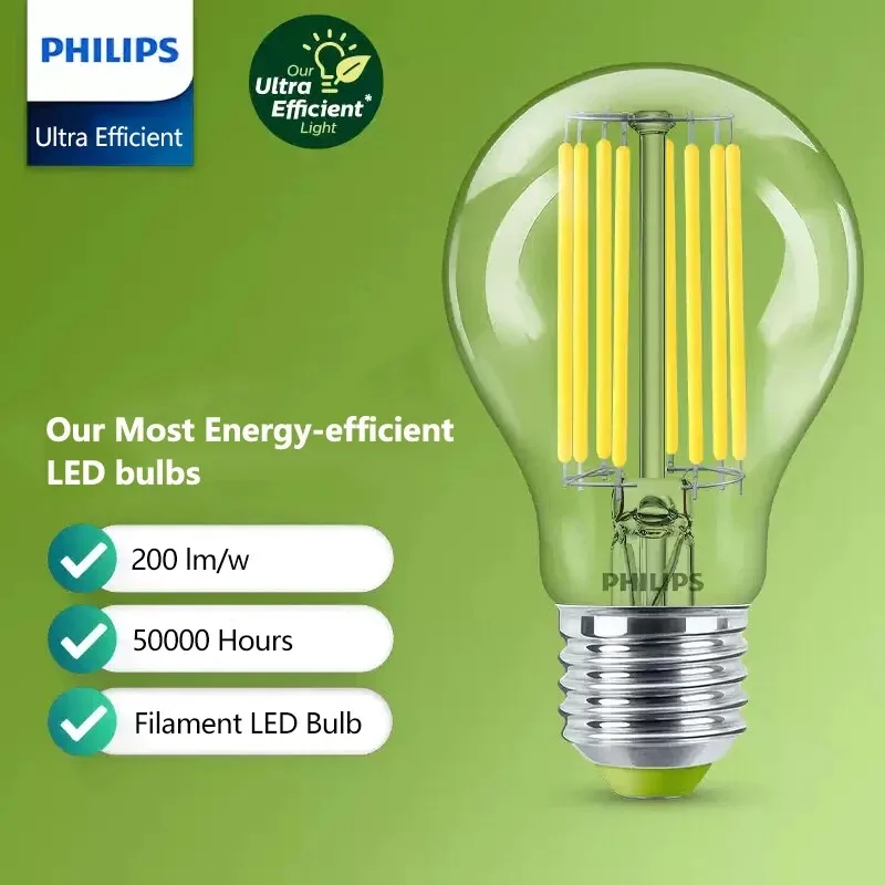 Philips Ultra Efficient LED Filament Bulb Clear A60 E27 Edison Screw 2.5W Lamp Classic Glass LED White Color Energy Saving
