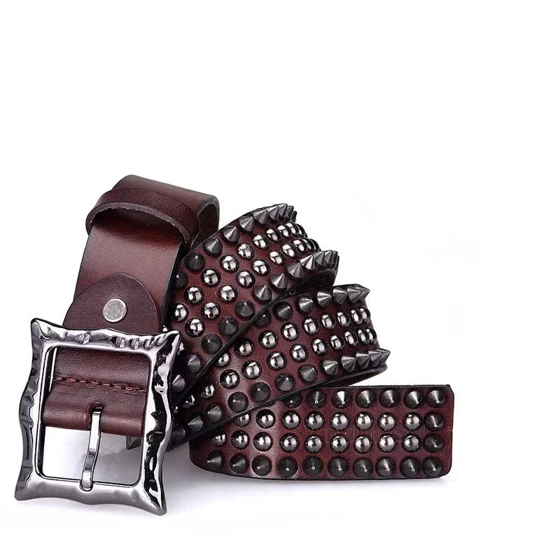 Men's Cowhide Leather Belt with Spike Rivet Studded Waistband for Jeans Fashion Accessories