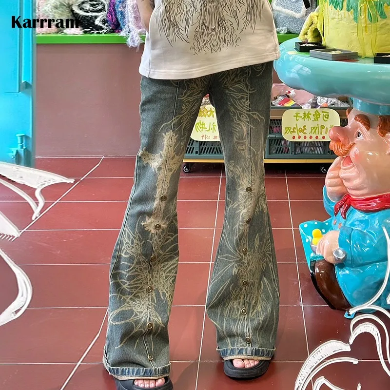 Karrram Grunge Tattoo Print Jeans Vintage Distressed Flare Jeans Japanese Y2k Laser Denim Pants Boyfriend Mopping Jeans Harajuku